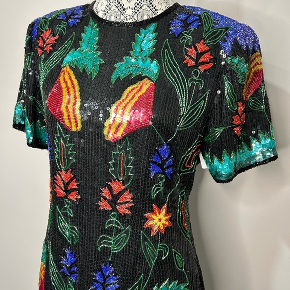 Vintage 80’s silk sequins fully beaded floral design knee length formal dress - Picture 2 of 16